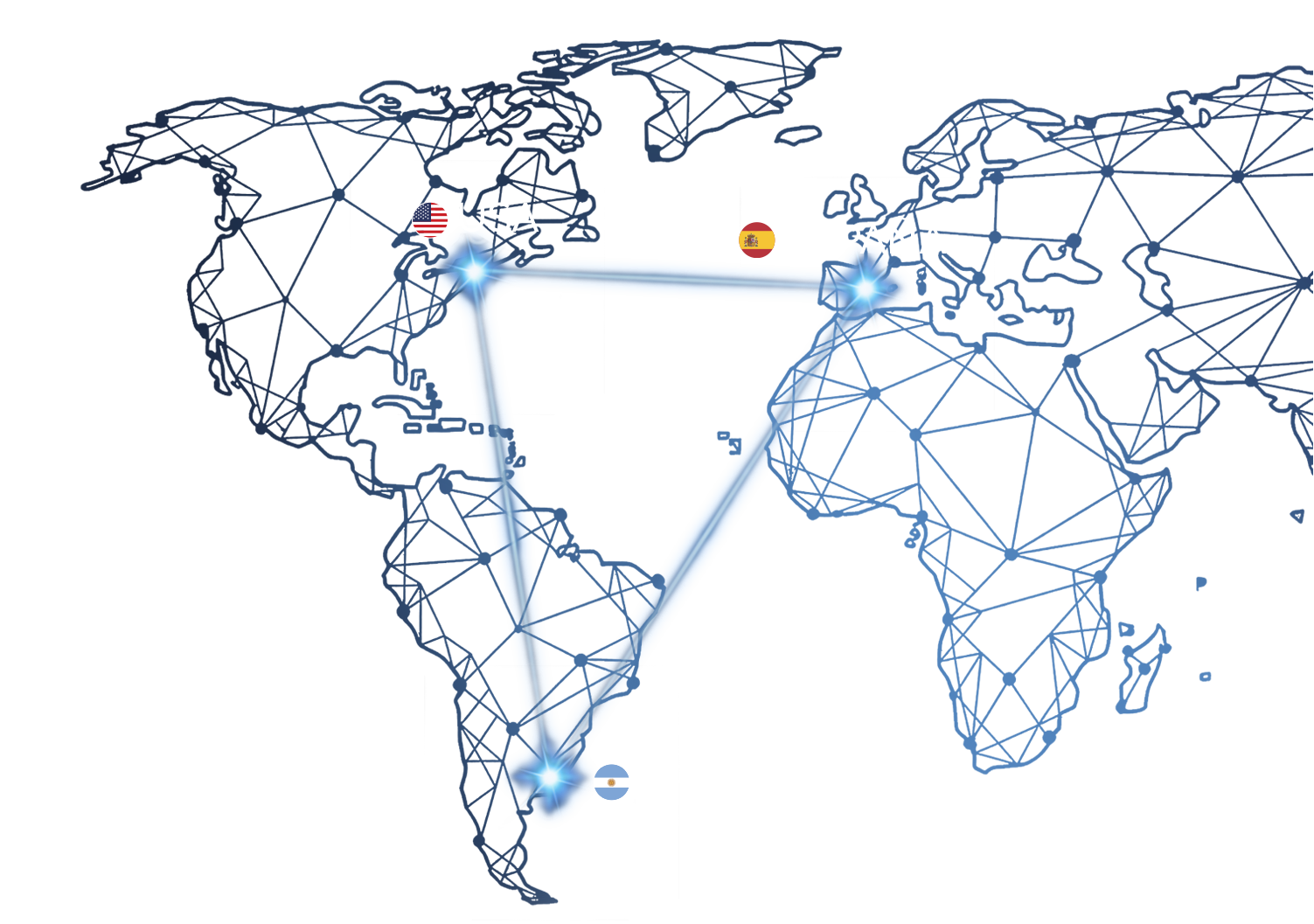 Infografía de red global conectando tres socios estratégicos en Estados Unidos, España y Argentina, sobre un fondo azul oscuro.